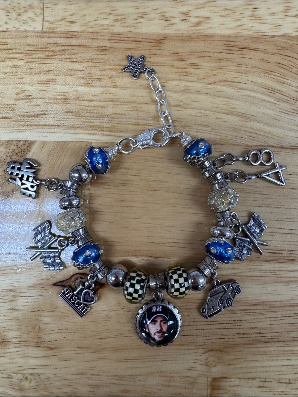 Jimmie Johnson #48 Silver-Tone NASCAR Charm Bracelet with Blue and Gold Accents